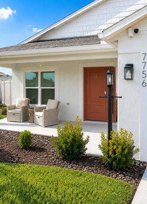 Villages home front porch with wicker chairs