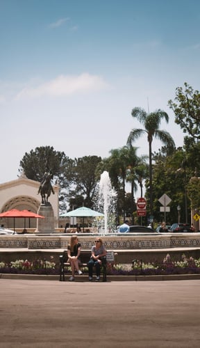 Sunny outdoor plaza with fountain and palm trees at Spanish Springs town square