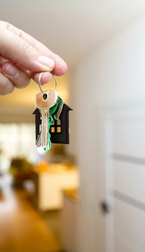Hand holding a house keychain in a hallway