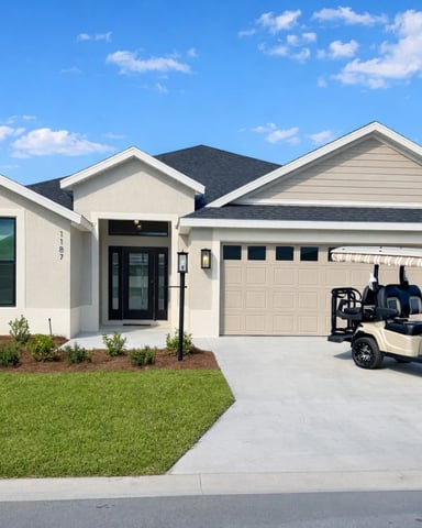 Cream stucco home with a large golf cart in the driveway, dark roof, manicured lawn, and bright blue sky