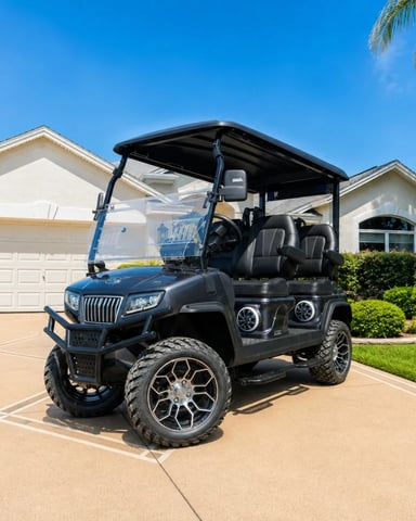 Black golf cart parked on driveway in front of white single-story house with garage and manicured landscaping
